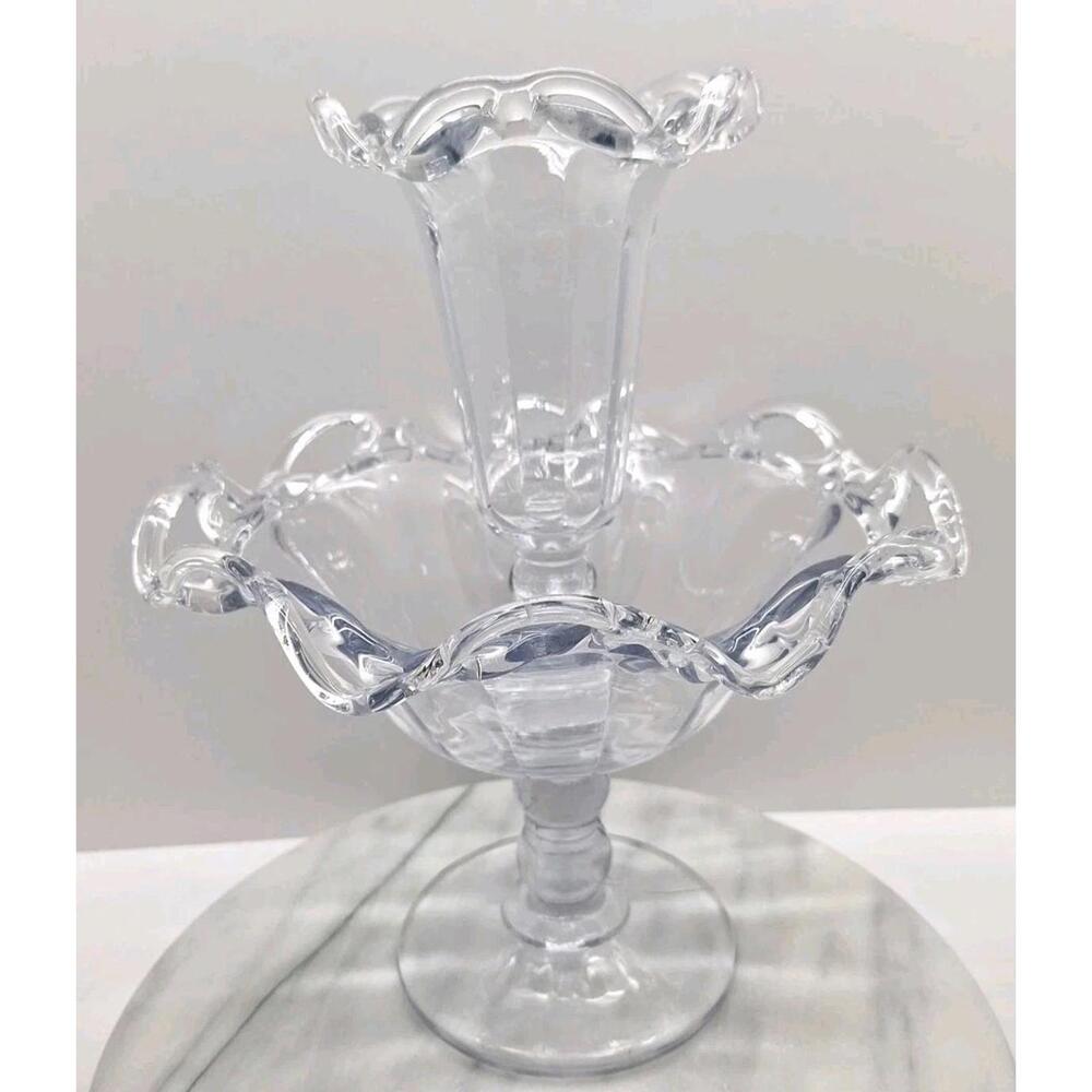 Vintage Imperial Glass Crocheted Open Lace Ruffled Epergne Vase and Bowl 12 Inch